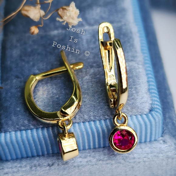 0.7CTW Ruby bezel set latch back earrings in 18K gold over silver